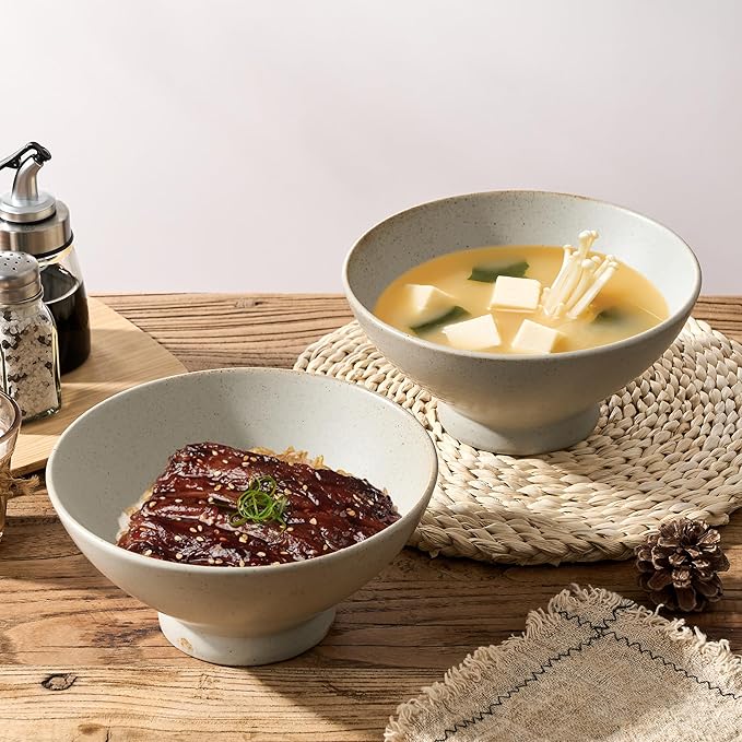 Ceramic Japanese Ramen Bowl Set, 8 Inch Large Noodle Bowl Set of 2, Dishwasher Safe for Asian Pho Udon Soba Noodle, Salad Pasta, Deep Soup Bowls, Speckled Light Gray