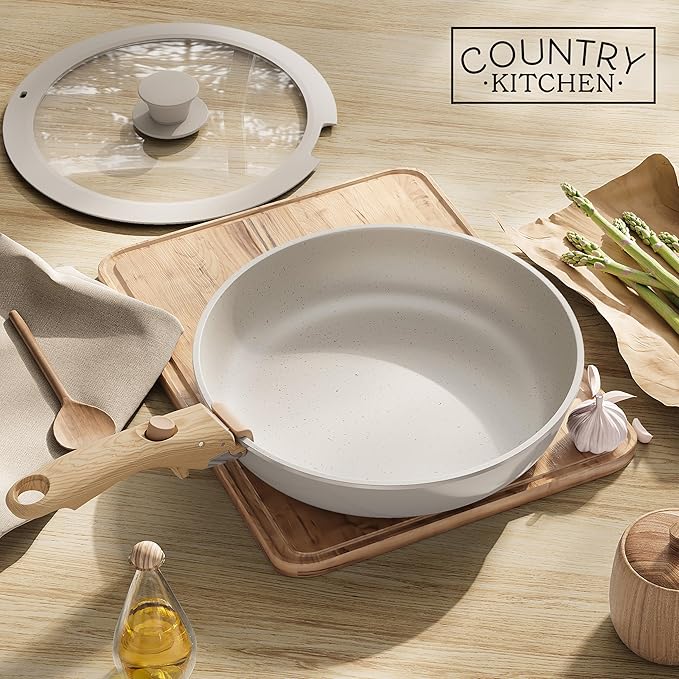 Country Kitchen Cookware Set with Removable Handle, Oven & RV Safe Pots and Pans Set, Cream Gold Speckle Wood Handle, Original