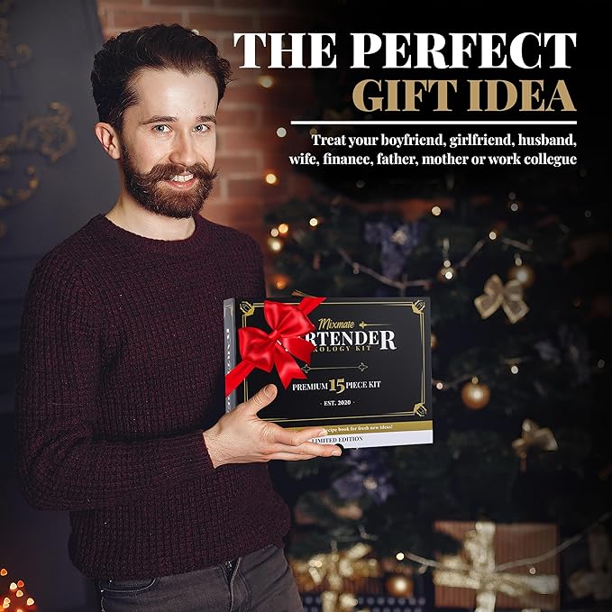 Mixology Bartender Kit with Stand - 15 Piece Bar Tool Set, Silver Bar Set Cocktail Shaker Set for Drink Mixing - Includes Martini Shaker, Jigger, Strainer, Bar Mixer Spoon, Tongs, Opener | Gift Idea