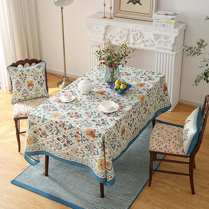French Tablecloth for Rectangle Tables,Linen Table Cloth with Colorful Flowers and Leaves Pattern,Heavy Durable Soft Table Cover for Dining Kitchen Decor Party Christmas,67"*118"
