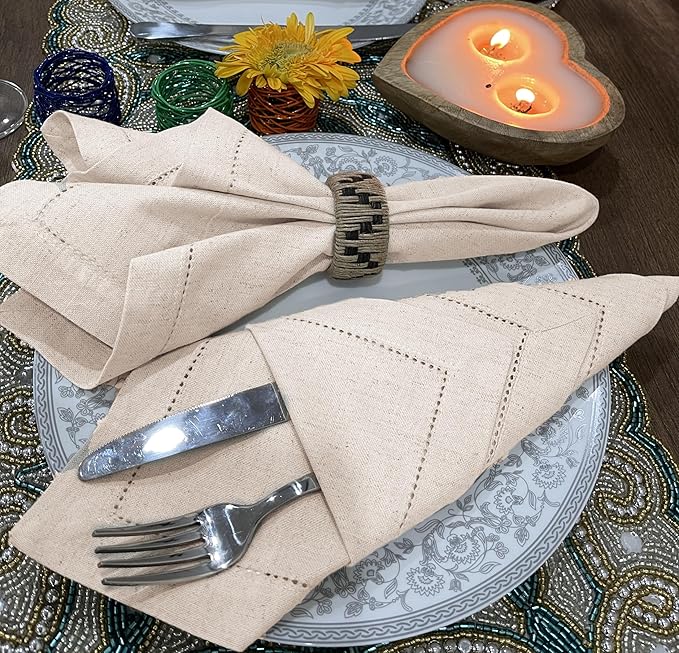 Bedding Craft Linen Flax Cotton Cloth Dinner Napkins Set of 12 – 18x18 Natural Fabric with Hemstitched Mitered Corners – Machine Washable Wedding, Cocktail & Party Table Napkins