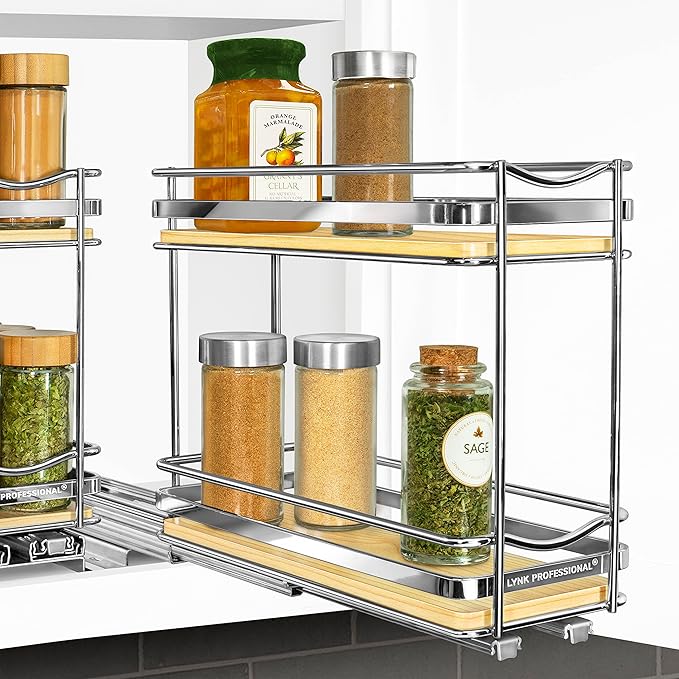 LYNK PROFESSIONAL® Élite™ Pull Out Spice Rack Organizer for Inside Kitchen Cabinets - 4-3/8 inch Wide - Slide Out Drawer – Wood/Chrome Sliding Spice Cabinet Organization Shelf Racks - 2 Tier