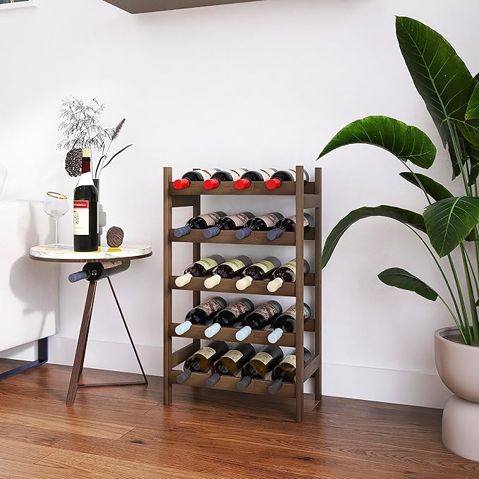 SMIBUY Bamboo Wine Rack, 20 Bottles Display Holder, 5-Tier Free Standing Storage Shelves for Kitchen, Pantry, Cellar, Bar (Walnut)