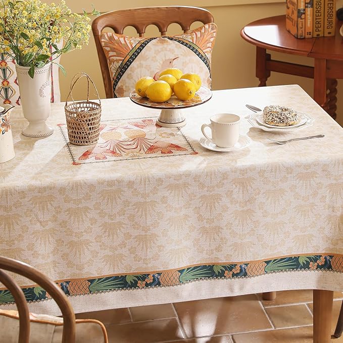 patdrea Designer Orange Tablecloth for Rectangle Tables,Pineapple Tree Pattern Linen Tablecloth,Tropical Style Fruit Table Cover Cloth Decor for Kitchen Dining Christmas,67"*118"