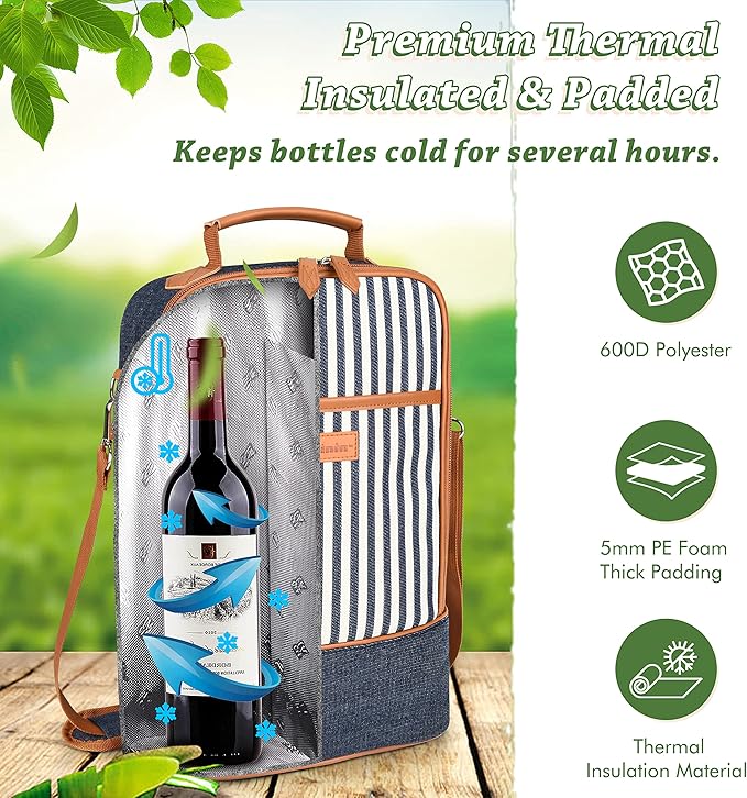 Tirrinia Insulated 2 Bottle Wine Gift Tote Bag - Tumbler Glass Cooler Carrier for BYOB Restaurants, Tasting, Travel, Park, Beach - Great Wine Lover Gift, Denim Stripe