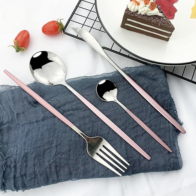 JASHII Flatware Serving Set 24 Piece, Stainless Steel Silverware Set, Pink Silver Cutlery Set, Modern Elegant Tableware Set for Party, Christmas, Dinner (Pink Silver)