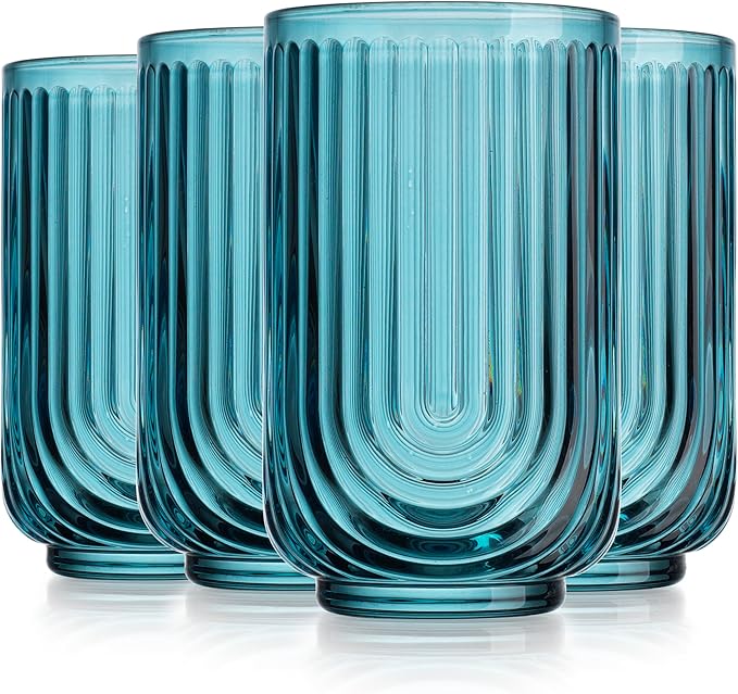 Glaver's Vintage Glassware Art Deco Highball Glasses Set of 4 Blush Ribbed Drinking Glasses 17 Oz U-Shape Arch Design Colored Cocktail Kitchen Tumblers Everyday Dinner Decorative Party, Blue