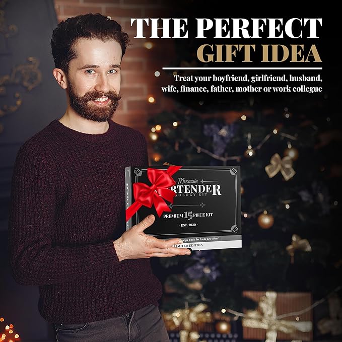 Black Stainless Steel Cocktail Shaker Set with Wood Stand - 15 Piece Bartender Kit with Drink Shaker, Bar Spoon, Jigger, Muddler, Strainer, Bottle Opener, Stopper, Pour Spout, Stirrers, Tongs, Recipes