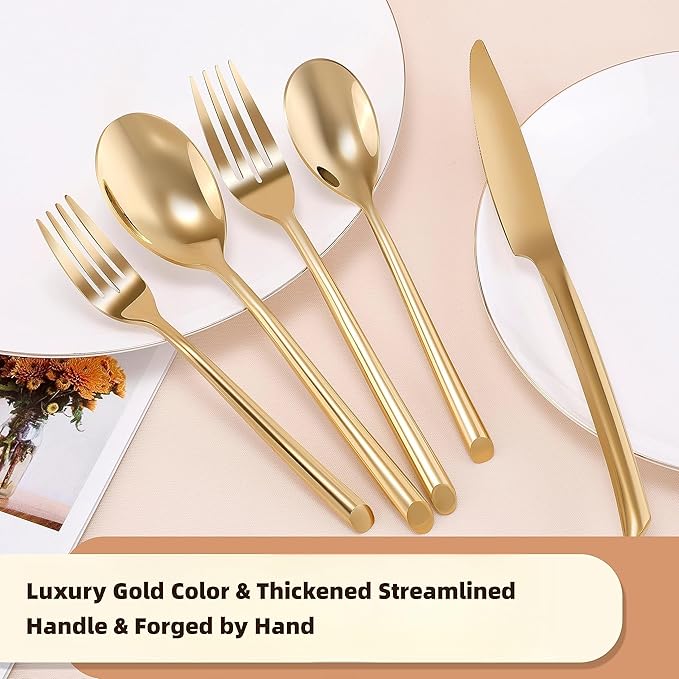 DEACORY Silverware Set Gold Flatware Set Cutlery Set Heavy Stainless Steel Brass Dishwasher Safe Streamlied Handle 20 Pieces Service for 4