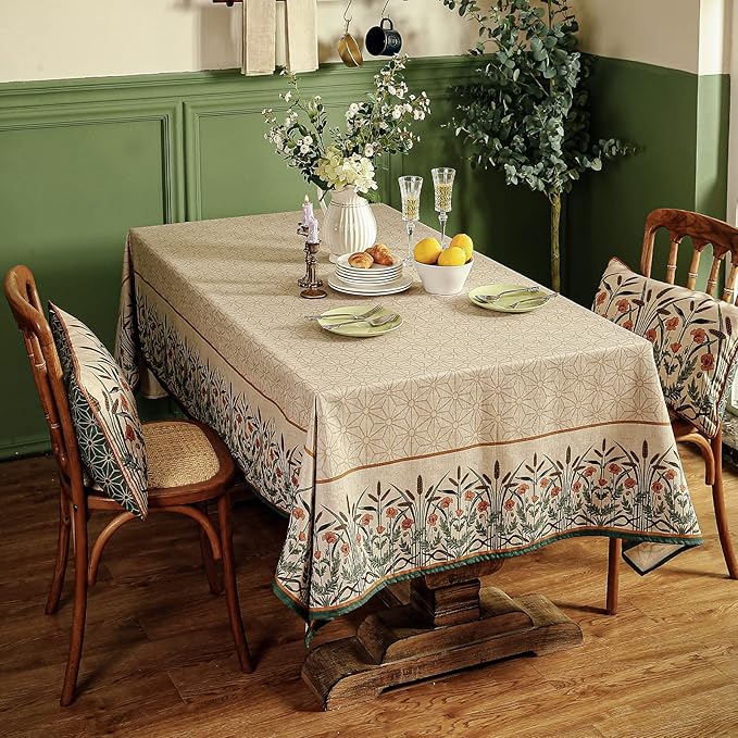patdrea Floral Linen Table Cloth Durable Tabletop Cover Dacorative Kitchen Dining Tablecloth for Rectangular Square Tables for Parties,Holiday,Christmas,63"x 94"