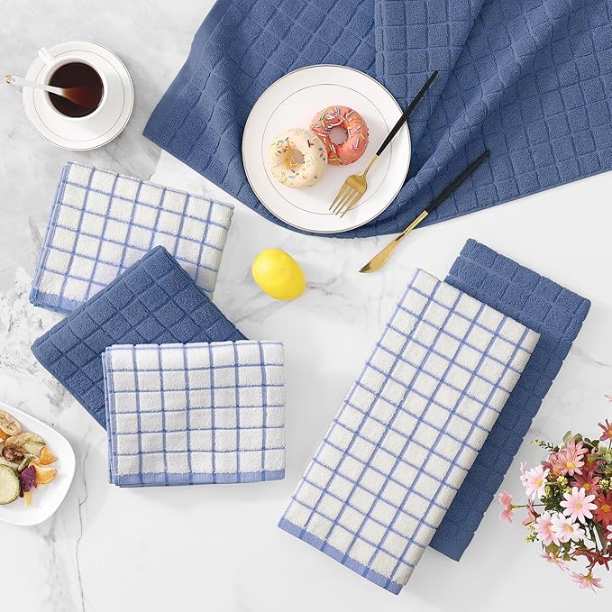 Homaxy Premium Cotton kitchen towels 16"x 28", Large Natural Ring Spun 390 GSM Dish Towels, Super Absorbent Terry Kitchen Hand Towels, Soft Tea Towel with Hanging Loop, Navy Blue Check Design, 12 Pack