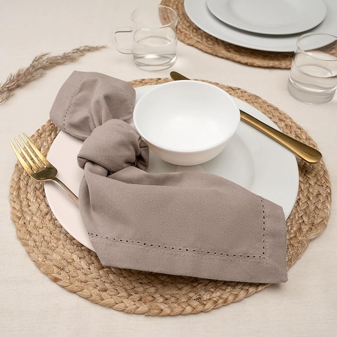 Blue Needles Set of 12 Hemstitch Linen Napkins 100% Cotton Chocolate Brown Cloth Dinner Napkins 18x18 inches, Soft, Reusable, Absorbent, Washable, Ideal for Fall Thanksgiving Parties & Everyday Use