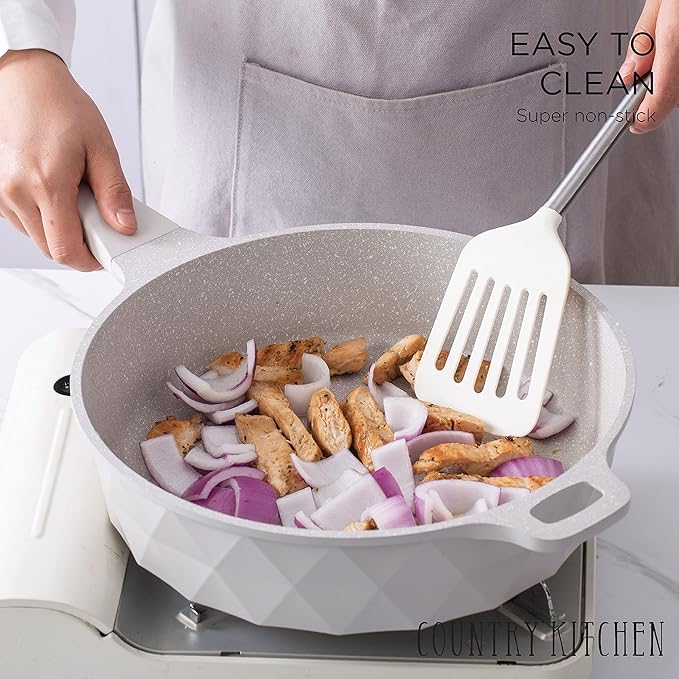 Country Kitchen Non-Stick Cast Aluminum Cookware Set - Durable Kitchen Cookware for Everyday Cooking, Cream Diamond, 11 Pc.