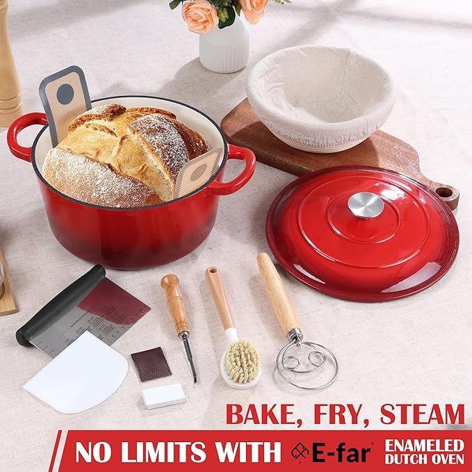 E-far Enameled Dutch Oven Pot for Bread Baking, 6QT Enameled Cast Iron Cookware with Self-Basting Lid & Sourdough Bread Baking Supplies, Heavy Duty Casserole Pot & Dual Handles-Red