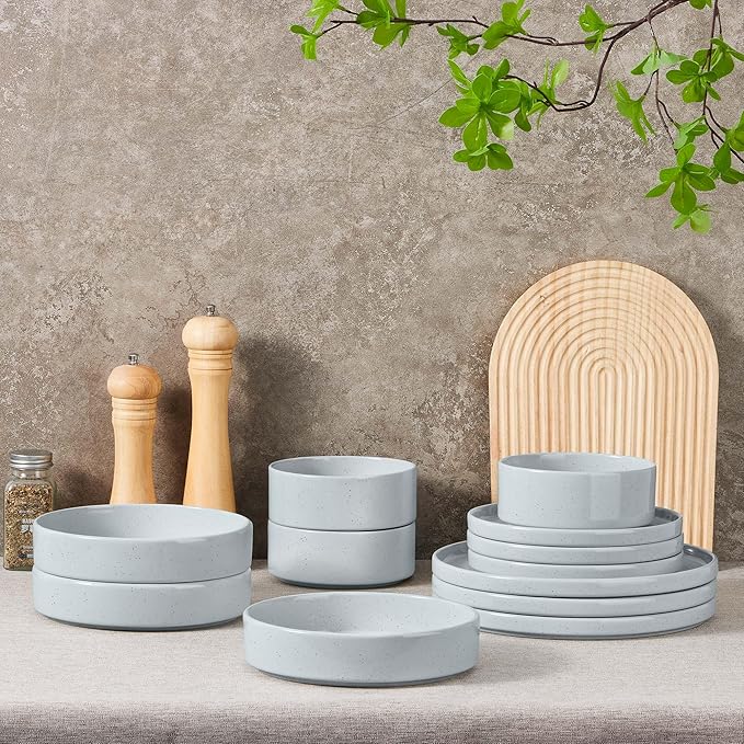 Herogo Stoneware Dinnerware Set with Salad Bowls, 24 Piece Kitchen Dinner Dish Set for 6, Plates and Cereal Pasta Bowls, Chip & Scratch Resistant Dishware, Speckled Light Gray