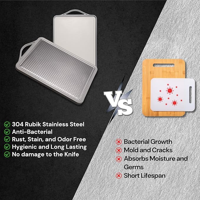 Premium Double Sided 304 Stainless Steel Cutting Board | Non Toxic, Heavy Duty Stainless Steel Chopping Board with Juice Groove | Dishwasher Safe Kitchen Board - Rubik Grooved Diamond