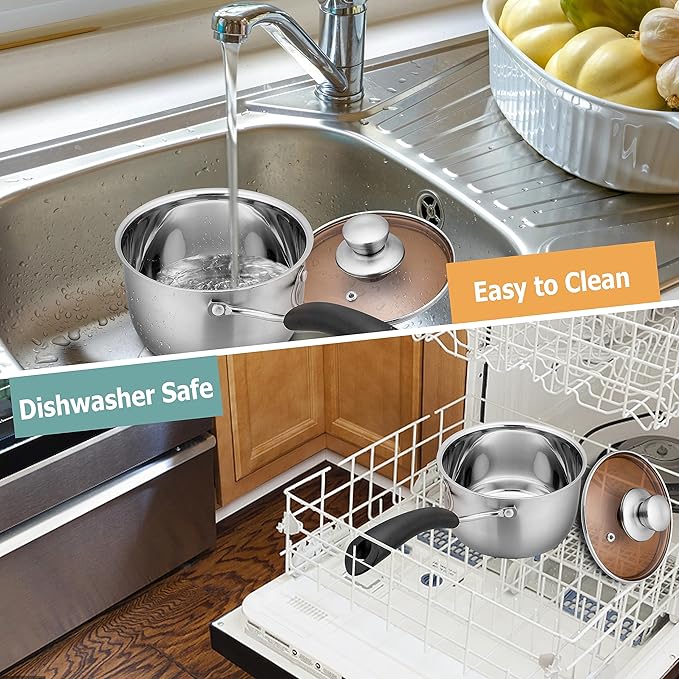 TeamFar 1qt & 2qt Saucepan with Lid, Stainless Steel Small Cooking Pot, Milk Sauce Pan with Long Handle for Home Kitchen, Non-Toxic & Heavy-Duty, Multi-use & Dishwasher Safe