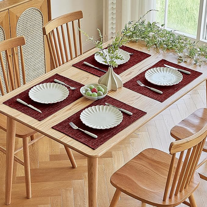 Softalker Faux Linen Placemats Set of 6-12 x 18 Inch, Heat Resistant Double Layered Durable Burlap Farmhouse Place Mats, Non-Slip Washable Rustic Table Mats for Dining, Kitchen, Party(Red