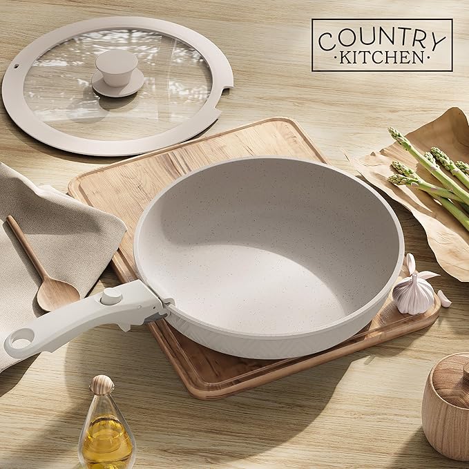 Country Kitchen Cookware Set with Removable Handle, Oven & RV Safe Pots and Pans Set, Cream Rhombus, Original