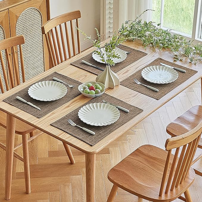 Softalker Faux Linen Placemats Set of 12-12 x 18 Inch, Heat Resistant Double Layered Durable Burlap Farmhouse Place Mats, Non-Slip Washable Rustic Table Mats for Dining, Kitchen, Party(Brown