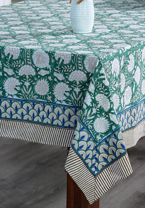 Ridhi -Turquoise Moss Green Cotton Tablecloth, Handblock Print Floral Table Cloth for Kitchen Dining Linen I Thanksgiving, Christmas, Wedding, Fall Décor 16 Seater 72X190 Inches Rectangle