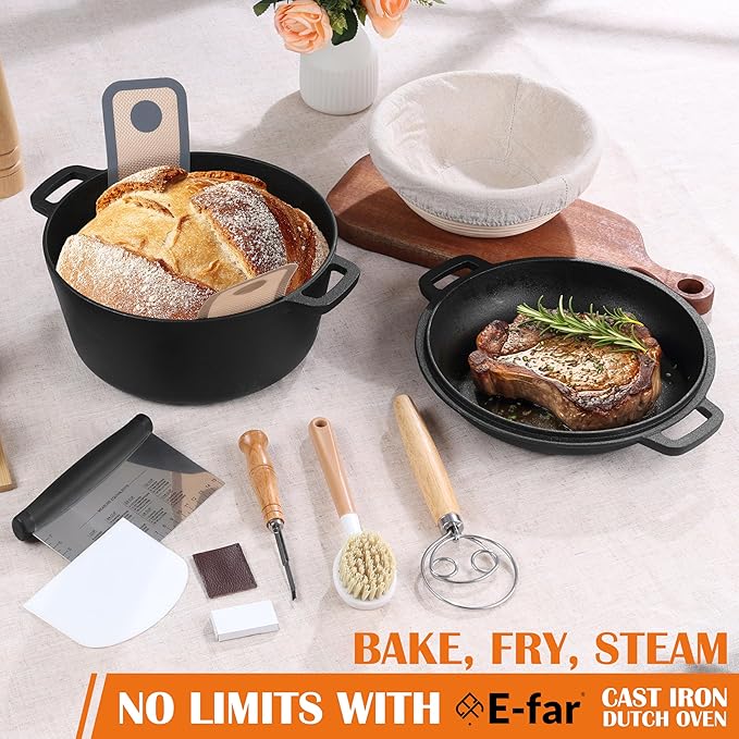 E-far 5QT Dutch Oven for Bread Baking, 2-IN-1 Cast Iron Pot with Skillet Lid & Sourdough Starter Kit, Bread Oven Pan with Baking Supplies for Frying, Braising, BBQ, Rust-Free & Heavy Duty