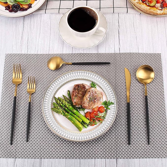Matte Gold Silverware Set With Black Handle, IBIILII JEFF 40 Pieces Stainless Steel Flatware Set For 8,Kitchen Utensil Set, Tableware Cutlery Set, Knife Spoons And Forks Set, Dishwasher Safe