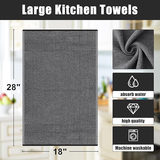 Homaxy Premium Kitchen Towels(18”x 28”, 8 Pack), Large Cotton Kitchen Hand Towels, Flat and Terry Dish Towels, 380 GSM Highly Absorbent Tea Towel Set with Hanging Loop, Black