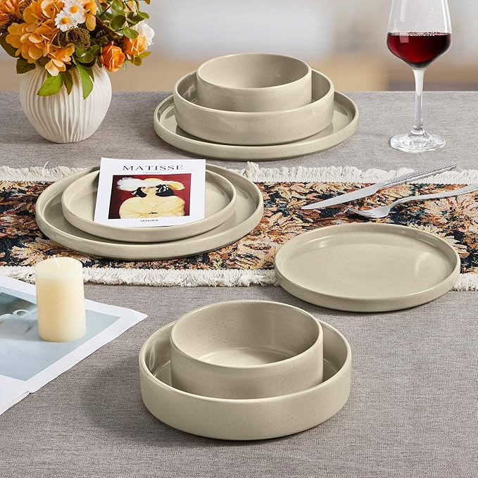 Herogo 8 Piece Dinnerware Sets with Double Bowls, Ceramic Dinner Dishware for 2, Stoneware Plate and Bowls Set for Kitchen Dining, Microwave & Dishwasher Safe, Speckled Khaki