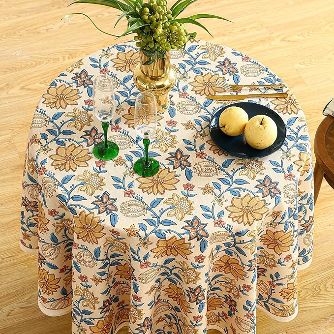 French Tablecloth for Round Tables,Linen Table Cloth with Yellow Flowers Pattern,Heavy Durable Table Cover for Dining Thanksgiving Kitchen Decor Party Christmas,Diameter 67"