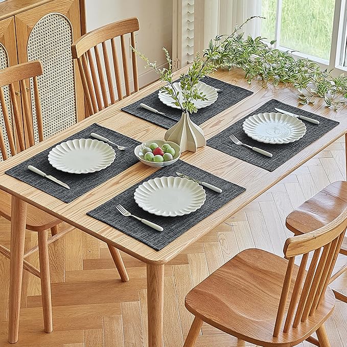 Softalker Faux Linen Placemats Set of 4-12 x 18 Inch, Heat Resistant Double Layered Durable Burlap Farmhouse Place Mats, Non-Slip Washable Rustic Table Mats for Dining, Kitchen, Party(Dark Grey