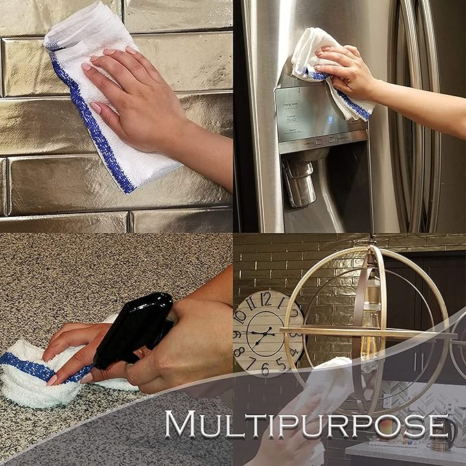 GOLD TEXTILES 120 PC New Cotton Blend White Restaurant Bar Mops Kitchen Towels 28oz (10 Dozen) (120, Blue Stripe)