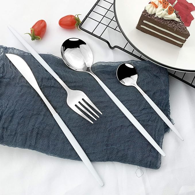 JASHII Flatware Serving Set 24 Piece, Stainless Steel Silverware Set, White Silver Cutlery Set, Modern Elegant Tableware Set for Party, Christmas, Dinner (White Silver)