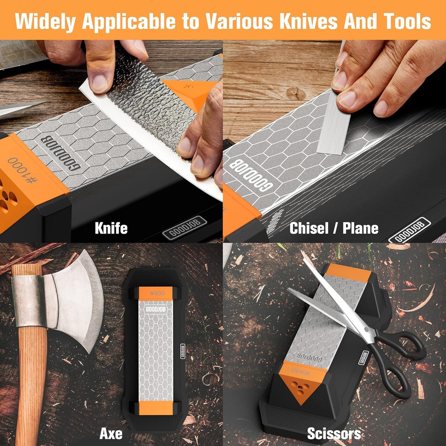 Goodjob Diamond Sharpening Stone 3 Side Grit 400/1000/8000 Premium Industrial Diamond & Ceramic Whetstone Knife Sharpener Suitable for Steel of any Hardness with Angle Guide and Non-Slip Base (GB-3D)