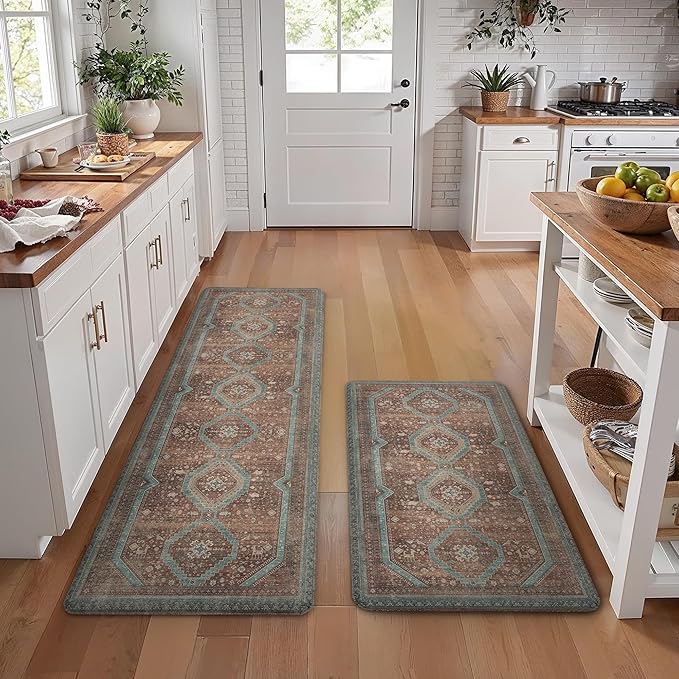 GENIMO Kitchen Mats for Floor 2PCs, Washable Anti Fatigue Mat for Cushioned, 17.3"x47"+17.3"x30", Waterproof Kitchen Rugs, Non Slip Comfort Standing Mat Rug for Home, Sink, Laundry, Mix Red