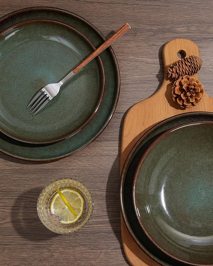 32 Piece Double Bowl Dinnerware Sets with Pasta Bowls, Highly Chip and Crack Resistant Plates and Bowls Sets, Natural Earthyware Ceramic Dishware Sets, Service for 8 Brown Green