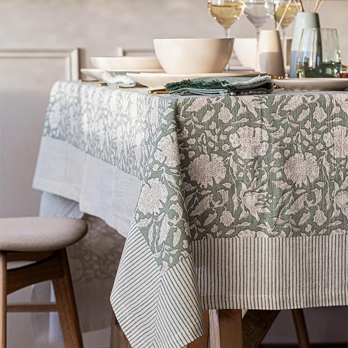 over&back Hand-Screened Tablecloth - Dining Table Cover - Each Tablecloth is Unique - 100% Cotton - Machine Washable - Kitchen and Home Decor - Green Floral - 70x90