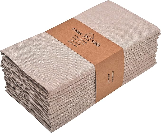 Urban Villa Cloth Napkins 100% Cotton Slub Absorbent Dinner Napkins (Set of 12) Oversized 20x20 Inches Beige White Chambray Soft Durable Reusable Washable Ideal for Everyday Use Premium Quality