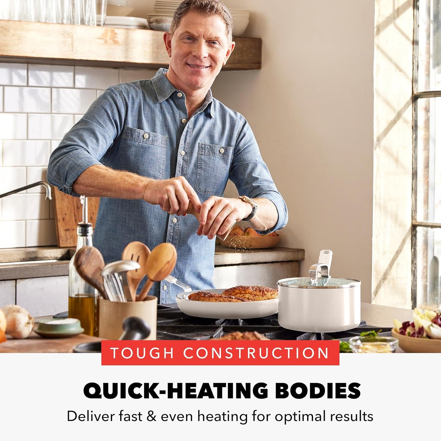 GreenPan x Bobby Flay 13 Piece Cookware Pots and Pans Set and 8" Chef's Knife. PFAS & PFOA-Free Ceramic Nonstick, Induction Suitable, Stay-Cool Silicone Handle, Dishwasher & Oven Safe, Cream