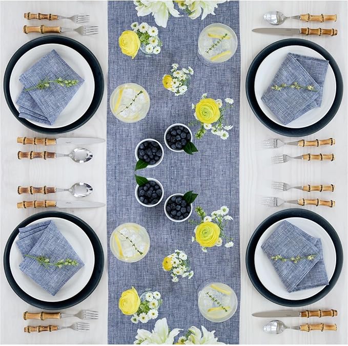 Solino Home Linen Cloth Napkins Set of 4-100% Pure Linen Chambray Indigo Dinner Napkins 20 x 20 Inch - Athena, Handcrafted and Machine Washable - Christmas, Holiday, Winter