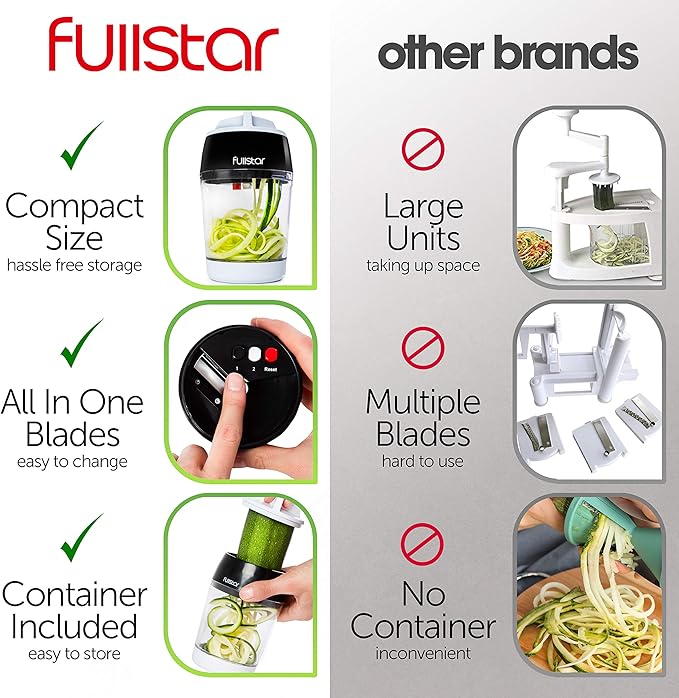 Fullstar Vegetable Spiralizer and Slicer - Zucchini Spiralizer Noodle Maker with Sharp Stainless Steel Blades, Spiralizer for Veggie Noodles, Cucumber Veggie Vegetable Zoodler, Kitchen Gadget (4 in 1)