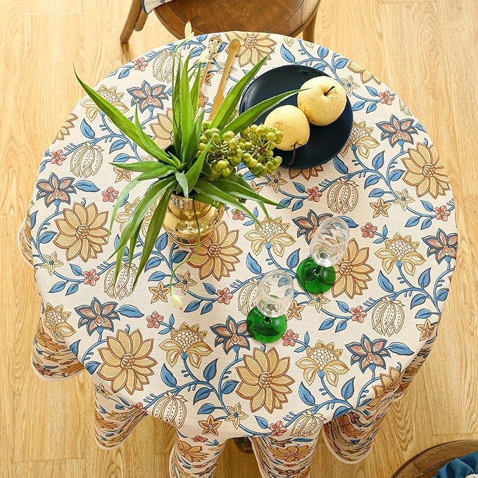 French Tablecloth for Round Tables,Linen Table Cloth with Yellow Flowers Pattern,Heavy Durable Table Cover for Dining Thanksgiving Kitchen Decor Party Christmas,Diameter 55"
