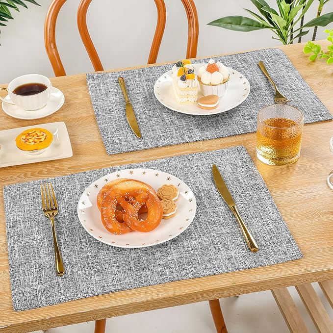 SHACOS Fabric Placemats Set of 6 Washable Heat Resistant Place Mats Non Slip Thick Cloth Placemats Reversible Table Mats Indoor Outdoor Home Wedding Table Decor, Light Grey White