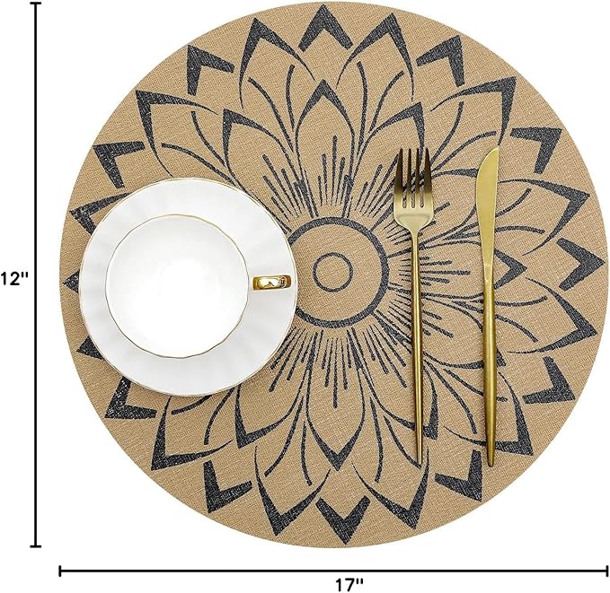 SHACOS 15 inch Round Vinly Placemats Set of 6 Boho Flower Print Place Mats Wipeable Non Slip Stain Heat Resistant Woven Table Mats Indoor Outdoor (6, Round Flower Black)