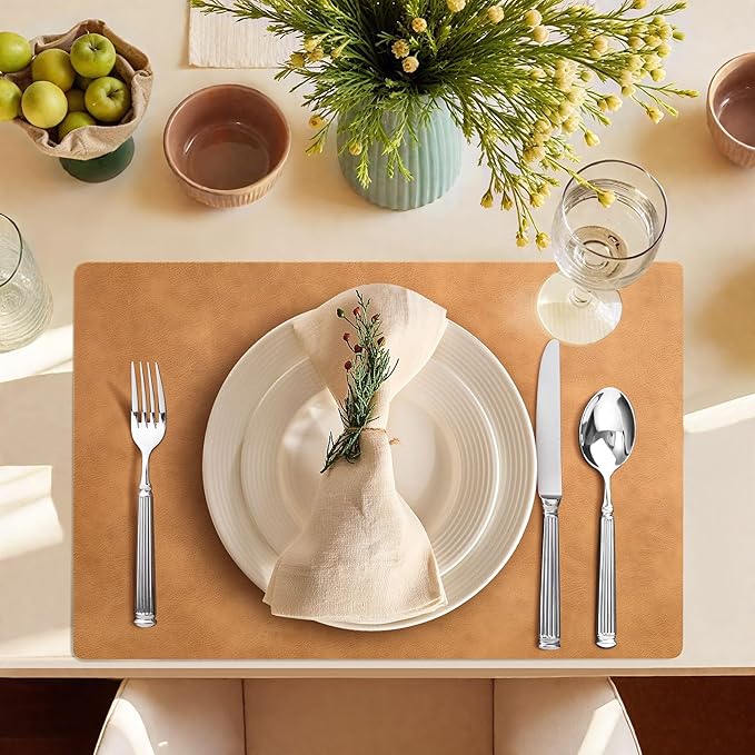 Roxifina Faux Leather Placemats Set of 4 - Vinyl Placemats Wipeable Waterproof Oil-Proof PU Place Mats Heat Resistant Reversible Table Mats for Dining, Kitchen, Outdoor, 12 x 17 Inch (Camel)