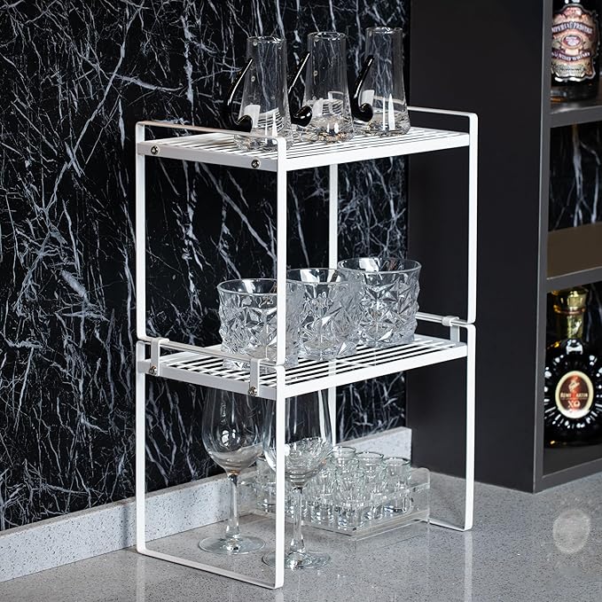 2Pack Kitchen Cabinet Shelf Counter Organizer Rack Pantry Storage Bathroom Bedroom Office Table Desk Space Saving Stackable Rust Resistant Non Slip White Tall Wide L13.1in W10.6in H9.5in