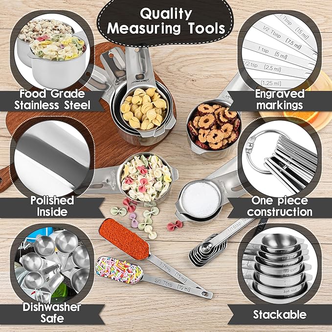 Measuring Cups and Spoons Set, 18/8 Stainless Steel Measuring Cups and Spoons Set, Metric & US Measuring Tools Set, Heavy Duty 7 Cups and 9 Spoons 1 Leveler for Baking and Kitchen