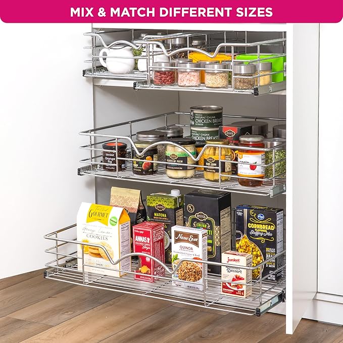 HOLDN’ STORAGE Pull Out Cabinet Organizer, Individual Sliding Drawers - Heavy Duty Metal with Lifetime Limited Warranty - Anti Rust Chrome Finish (Single Tier, 14" W)