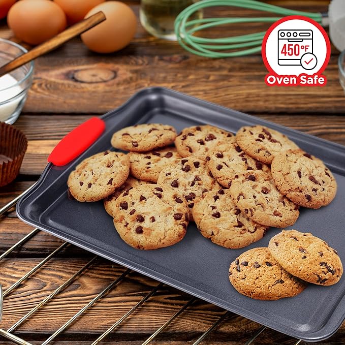 BAKKEN Kitchen Baking Pans - 15.15 x 10.03" Medium Nonstick Sheet, Durable Carbon Steel Cookie Sheet with Red Silicone Handles, PFOA, PFOS, PTFE Free, Oven Safe Tray (Up To 450°F), Set of 1