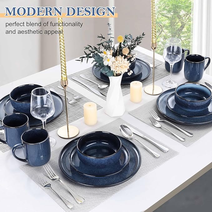 LIANYU 16 Piece Dinnerware Sets with Mugs, Stoneware Plates and Bowls Sets for 4, Dinner Dishware Dishes for Kitchen Dining, Microwave & Dishwasher Safe, Sapphire Blue
